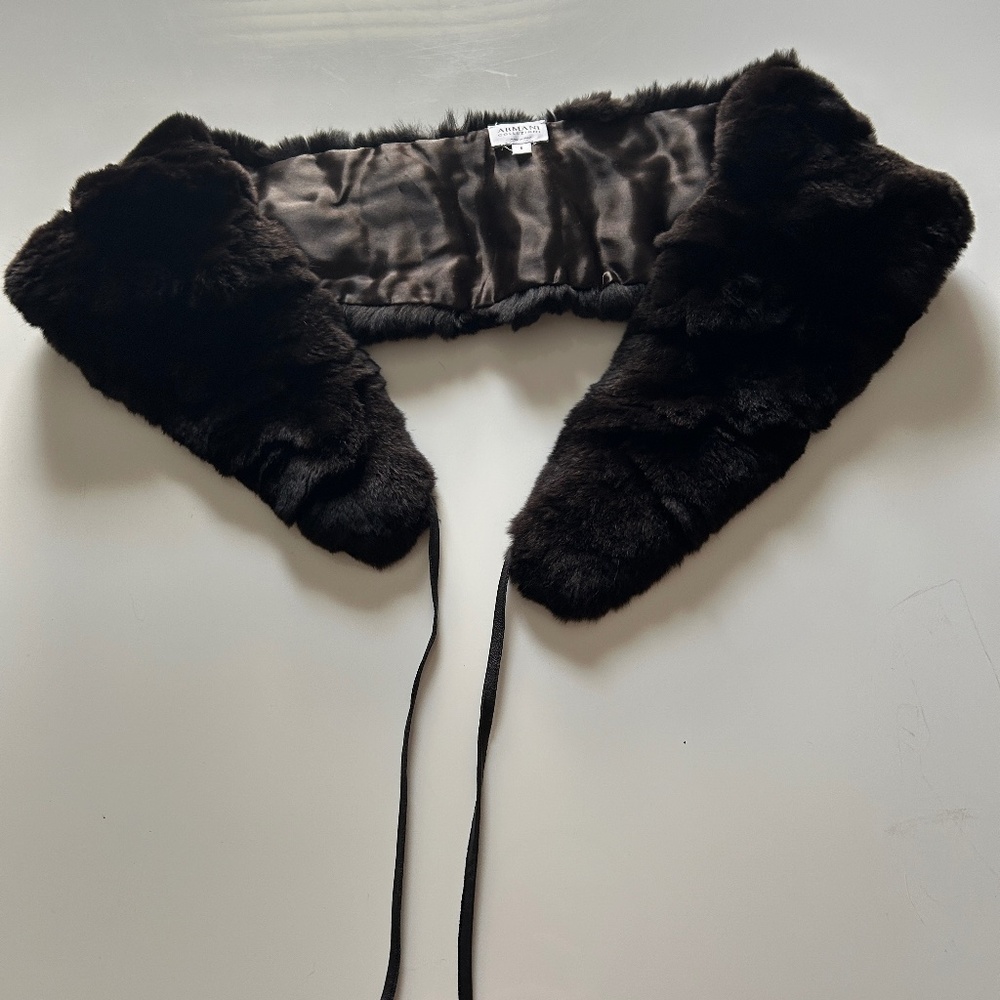Armani Collezioni black fur stole with leather drawstring ties
